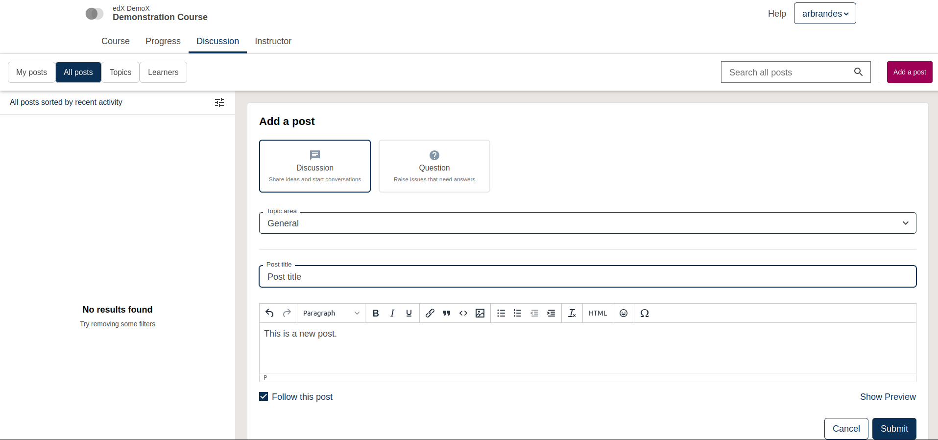 Learner view of Discussions Micro-frontend