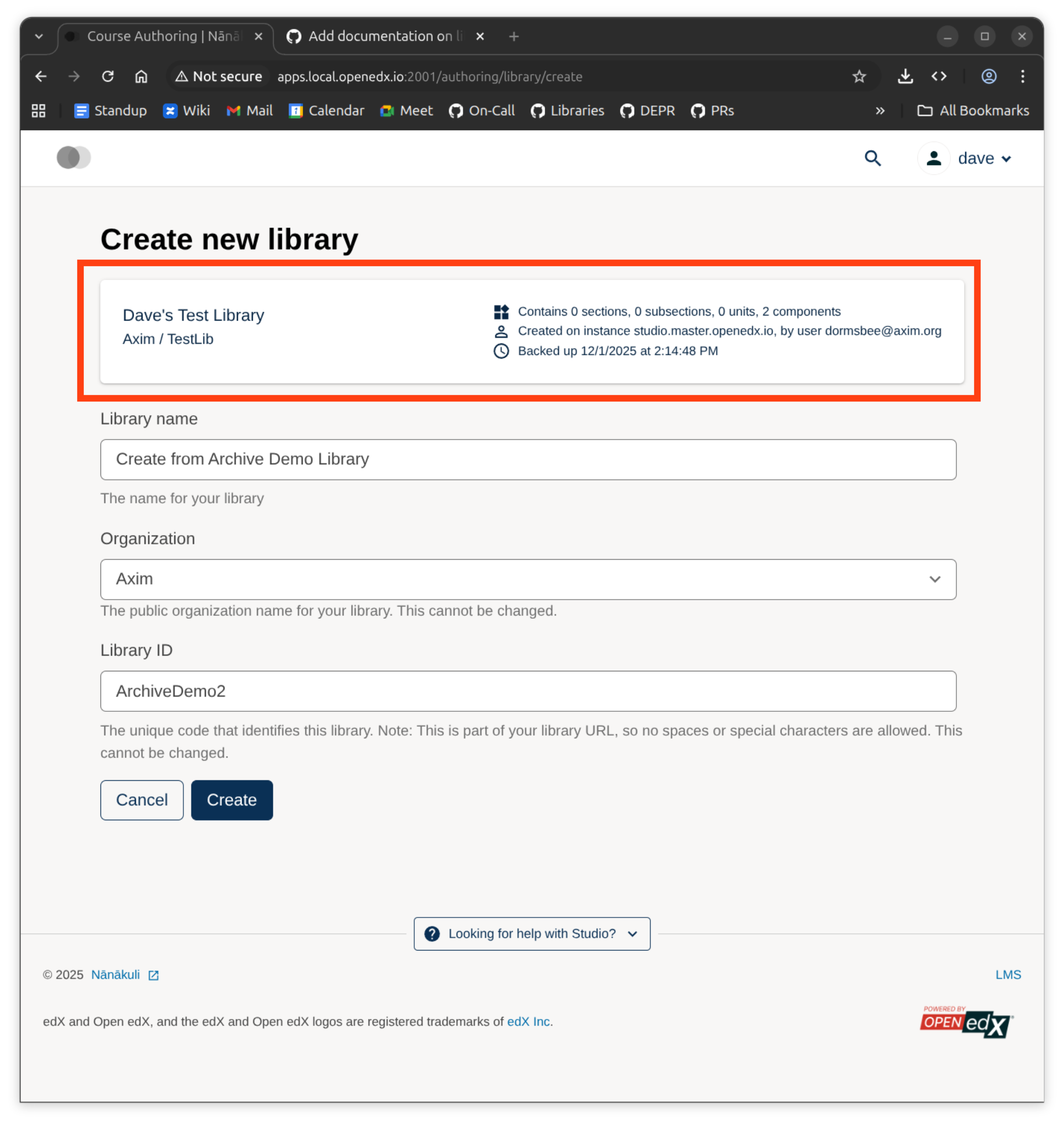The "Create library" page with information about the uploaded library