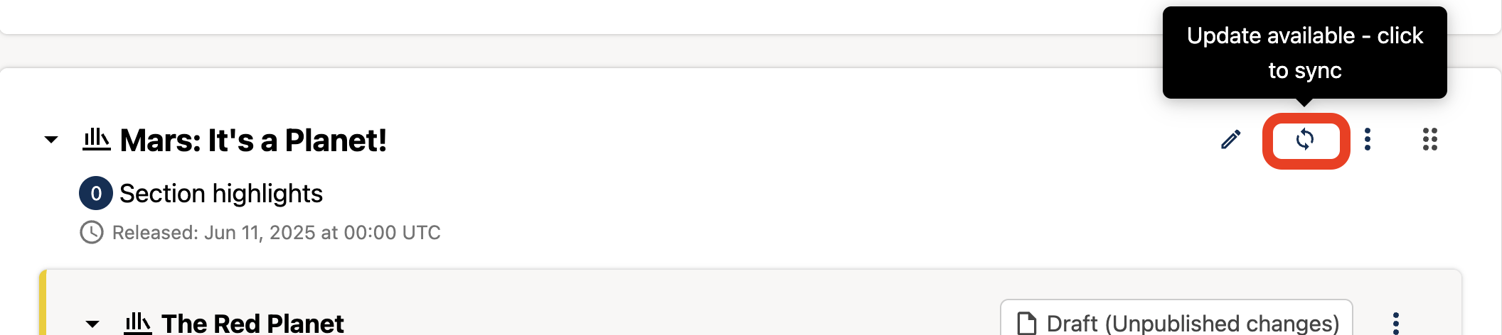 A screenshot of a course content unit with a sync icon button in the top right corner
