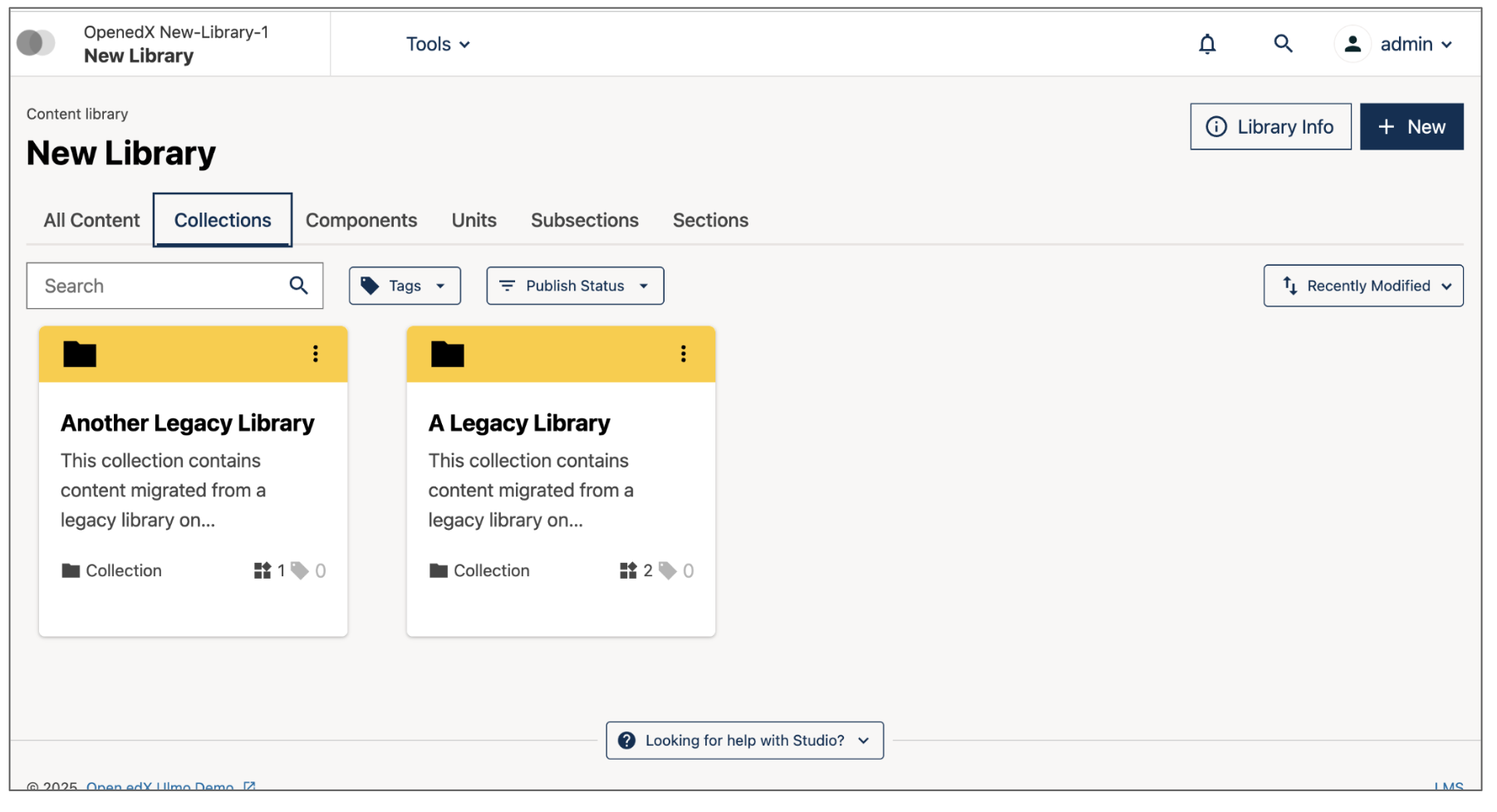 The "Collections" tab of the newly created Library, with each migrated Legacy Library showing as a distinct collection.