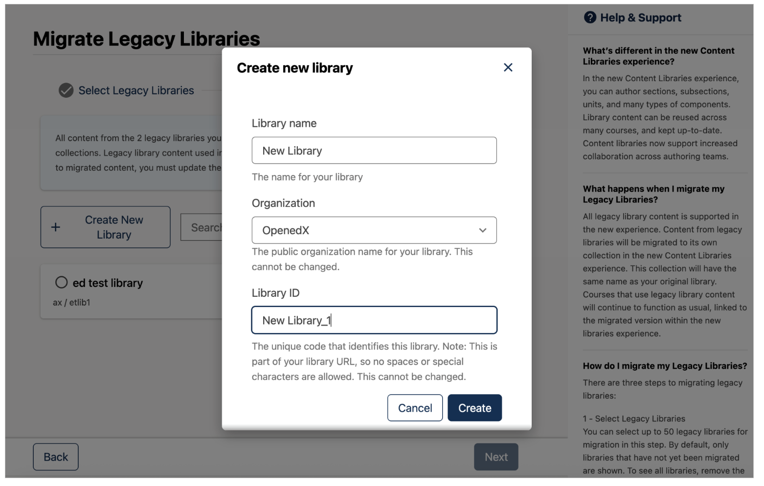The "Create New Library" screen, with name, organization, and ID fields visible.