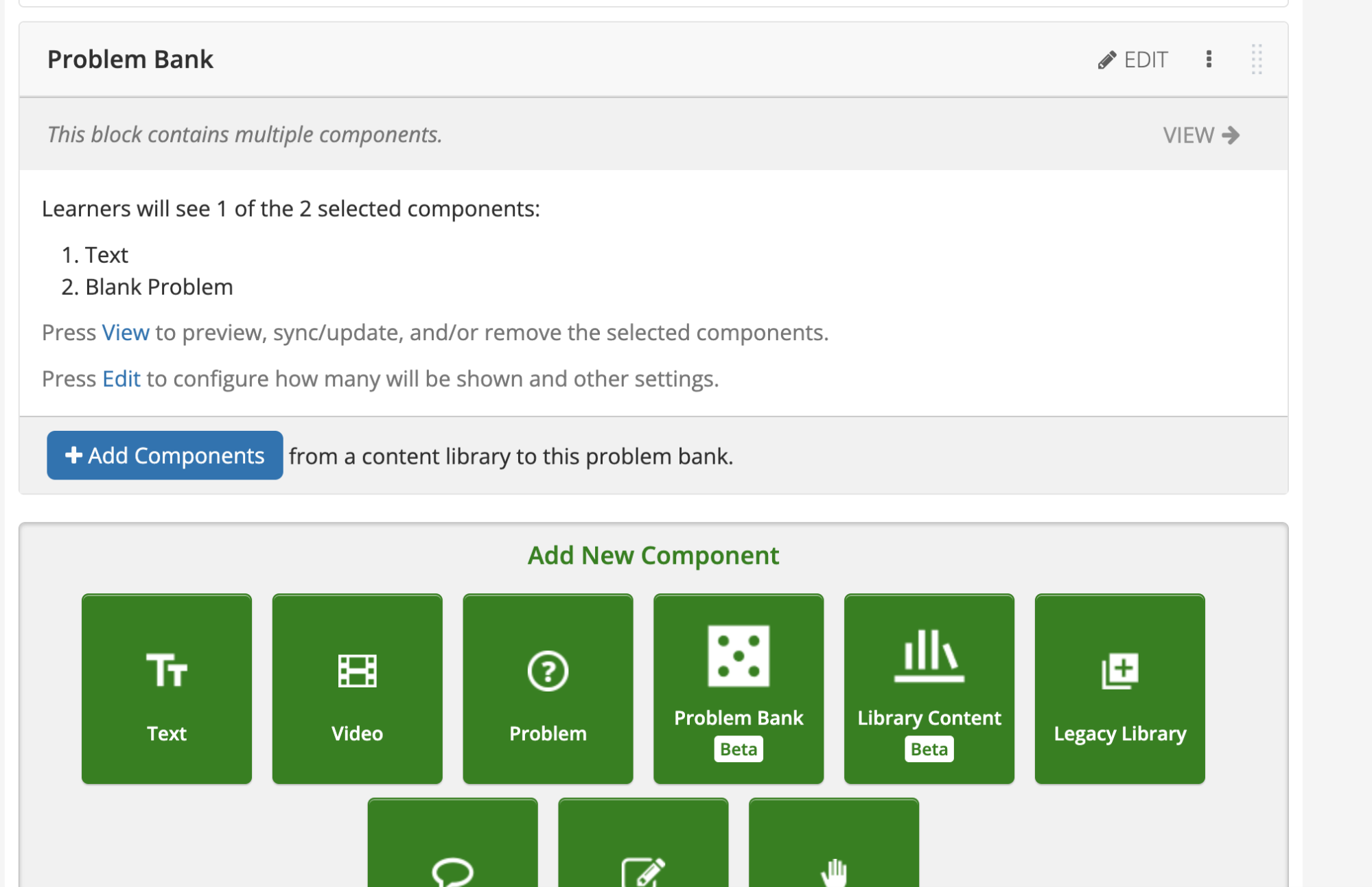 A screenshot of a problem bank, showing the View, Edit, and Add Components buttons