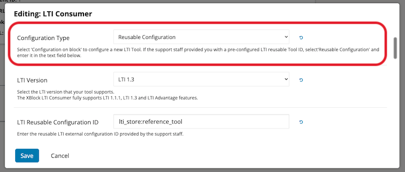 LTI component in editing mode, displaying the fields to be edited