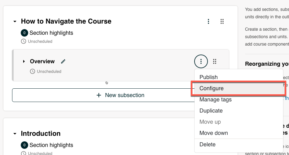 A subsection in the course outline with the configure option highlighted.